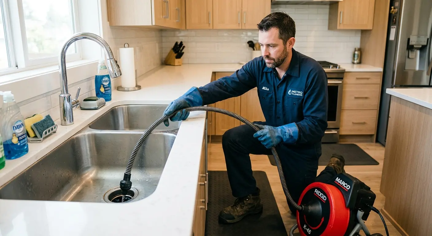 Drain cleaning technician using a motorized snake on a kitchen sink in Norwood