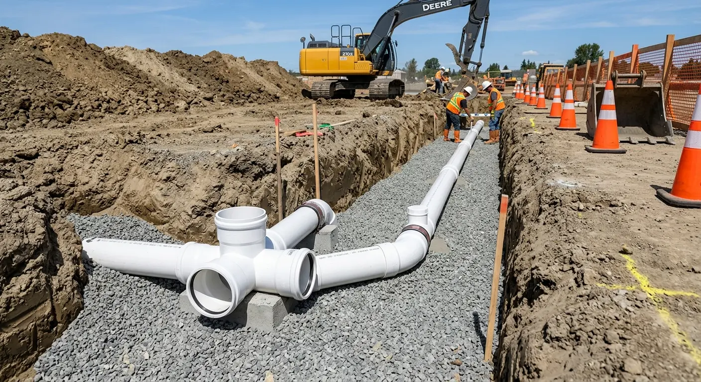 New PVC sewer pipe installation in open trench for Commercial Drain Cleaning in Norwood